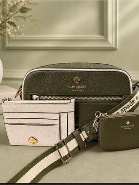 Kate Spade Olive Green Leather Crossbody with Cream Card Holder and Strap